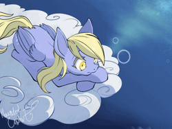 Size: 560x420 | Tagged: safe, artist:hauntedtuba, derpibooru import, derpy hooves, pegasus, pony, animated, cloud, flying, g4, gif, image, lying down, on a cloud, prone, sitting, sitting on cloud, solo