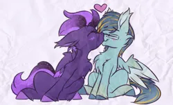 Size: 2000x1220 | Tagged: safe, artist:shad0w-galaxy, derpibooru import, oc, oc:ruffled quill, oc:shadow galaxy, unofficial characters only, pegasus, pony, blushing, cheek fluff, chest fluff, cute, doodle, duo, ear fluff, ethereal mane, eyes closed, female, fluffy, freckles, glasses, heart, hooves, image, kissing, male, mare, oc x oc, png, shipping, smooch, stallion, starry mane, starry tail, tail, unshorn fetlocks