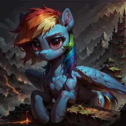 Size: 4096x4096 | Tagged: safe, ai content, derpibooru import, machine learning generated, prompter:copperore, stable diffusion, rainbow dash, pegasus, pony, alternate universe, castle, cloud, female, g4, generator:pony diffusion v6 xl, image, lava, looking at you, mountain, png, scar, solo, solo female, tail, tree, wings