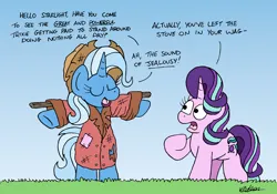 Size: 2408x1683 | Tagged: safe, artist:bobthedalek, derpibooru import, starlight glimmer, trixie, pony, unicorn, atg 2024, bipedal, clothes, dialogue, duo, duo female, eyes closed, female, g4, grass, hat, horn, image, implied fire, jacket, mare, newbie artist training grounds, open mouth, open smile, png, raised hoof, scarecrow, smiling, this will end in fire