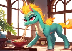 Size: 1024x720 | Tagged: prompter needed, safe, ai content, derpibooru import, machine learning generated, dragon, hybrid, longma, them's fightin' herds, community related, eating, food, image, noodles, png, slurping, tianhuo (tfh)