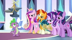 Size: 850x478 | Tagged: safe, derpibooru import, edit, edited screencap, screencap, princess cadance, princess flurry heart, spike, starlight glimmer, sunburst, twilight sparkle, twilight sparkle (alicorn), alicorn, dragon, pony, unicorn, season 6, the times they are a changeling, abuse, angry, anvil, baby carriage, crown, crystal castle, eyebrows, female, frown, g4, glare, glow, glowing horn, go to sleep garble, horn, image, imminent death, jewelry, looking up, magic, male, mare, obscured face, png, raised eyebrow, reaction, regalia, rope, scissors, shitposting, sisters-in-law, sleeping, spikeabuse, stallion, telekinesis, this will end in death, this will end in tears, this will end in tears and/or death, this will not end well
