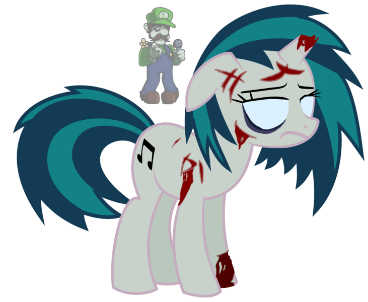 Size: 4100x3366 | Tagged: semi-grimdark, artist:epicheavytf2, artist:pyrogaming, derpibooru import, edit, vector edit, vinyl scratch, pony, unicorn, fanfic:silencing song, alternate color palette, bags under eyes, blood, broken horn, cap, cut, depressed, fanfic art, female, flower, friday night funkin', g4, hat, high res, horn, image, luigi, luigi's hat, luigi's mansion, mare, mario madness, microphone, png, reference used, sad, sad eyes, sad face, sad pony, simple background, super mario bros., transparent background, vector