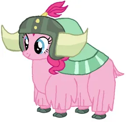 Size: 457x438 | Tagged: safe, artist:qjosh, derpibooru import, pinkie pie, earth pony, yak, female, helmet, honorary yak horns, horned helmet, image, png, pony to yak, solo, transformation, transformation sequence, viking helmet