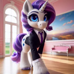 Size: 1024x1024 | Tagged: safe, ai content, machine learning generated, ponerpics import, ponybooru import, rarity, pony, unicorn, alternate hairstyle, bing, clothes, concave belly, female, fluffy, image, indoors, jpeg, looking at you, mare, necktie, solo, suit, unshorn fetlocks