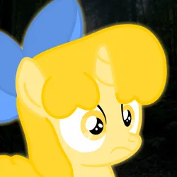 Size: 1920x1920 | Tagged: safe, artist:snowflakepone, derpibooru import, edit, edited screencap, screencap, oc, oc:snowflake, unofficial characters only, pony, unicorn, big eyes, bow, dark background, face, female, filly, flashback, foal, glow, hair bow, horn, image, missing cutie mark, png, ponytail, ptsd, simple background, stare, thousand yard stare, traumatized, yellow eyes, yellow mane