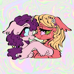 Size: 2048x2048 | Tagged: safe, artist:larvaecandy, derpibooru import, big macintosh, sugar belle, earth pony, pony, unicorn, abstract background, alternate eye color, alternate hairstyle, back fluff, big eyes, blue eyes, blushing, bust, chest fluff, colored, colored sclera, curly mane, curved horn, duo, ear fluff, eyelashes, facing each other, fangs, female, fetlock tuft, flat colors, floppy ears, floral head wreath, flower, freckles, green sclera, hair tie, high res, horn, image, lesbian, lidded eyes, looking at each other, looking at someone, magenta sclera, male, mare, multicolored background, no pupils, nonbinary, nonbinary pride flag, open mouth, open smile, orange mane, pink coat, pink eyes, png, ponytail, pride, pride flag, purple coat, purple sclera, raised hoof, raised hooves, red coat, shipping, short horn, smiling, smiling at each other, sparkly mane, straight, sugarmac, t4t, thick eyelashes, tied mane, trans big macintosh, trans female, trans sugar belle, transgender, transgender pride flag, unicorn horn, unshorn fetlocks, wolf cut