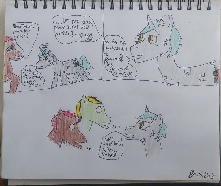 Size: 3097x2604 | Tagged: safe, artist:blackblade360, derpibooru import, oc, oc:grassy shot, oc:heartbeat, oc:stone wave, earth pony, pony, unicorn, fallout equestria, atg 2024, brown coat, censored dialogue, colored pencil drawing, concerned, cyan mane, cyan tail, earth pony oc, female, floppy ears, gray coat, horn, image, implied penectomy, irl, jpeg, looking at each other, looking at someone, male, mare, mare oc, newbie artist training grounds, paper, photo, question, red mane, scar, shocked, signature, stallion, stallion oc, traditional art, unicorn oc