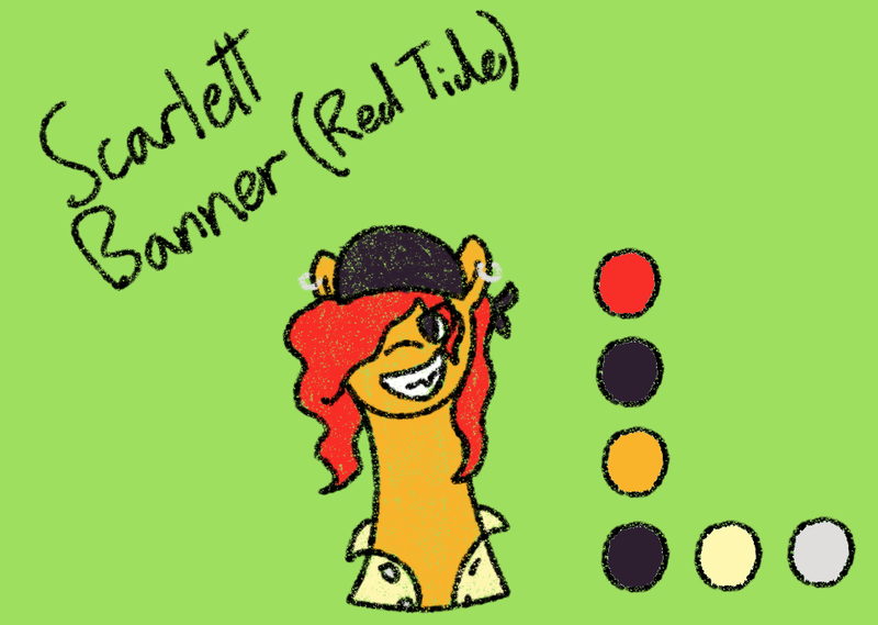 Size: 954x679 | Tagged: safe, artist:nukepony360, derpibooru import, oc, oc:scarlett banner, unofficial characters only, earth pony, pony, bandana, bust, clothes, ear piercing, earring, female, image, jewelry, mare, piercing, pirate, png, portrait, shirt, simple background, solo