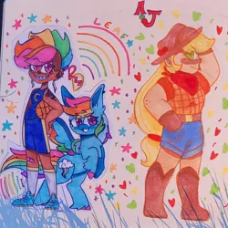 Size: 1310x1310 | Tagged: safe, artist:comicmaker, derpibooru import, applejack, rainbow dash, human, pegasus, pony, equestria girls, applejack's hat, bandaid, basketball, boots, braces, clothes, colored wings, cowboy hat, cutie mark tattoo, ear piercing, elbow freckles, female, freckles, g4, grin, hand on hip, hat, human coloration, humanized, image, jpeg, light skin, long socks, mare, moderate dark skin, multicolored wings, piercing, rearing, shoes, shorts, smiling, sports, spread wings, tanktop, tattoo, traditional art, unshorn fetlocks, wings