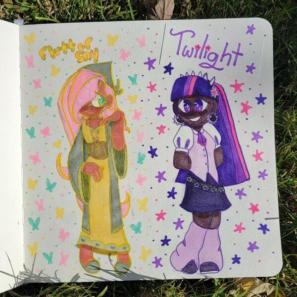 Size: 1440x1440 | Tagged: safe, artist:comicmaker, derpibooru import, fluttershy, twilight sparkle, butterfly, human, insect, equestria girls, arm behind back, bandana, clothes, cutie mark eyes, dark skin, dress, duo, duo female, female, g4, hair over eyes, human coloration, humanized, image, irl, jpeg, moderate dark skin, photo, redesign, shirt, smiling, stars, traditional art, wingding eyes