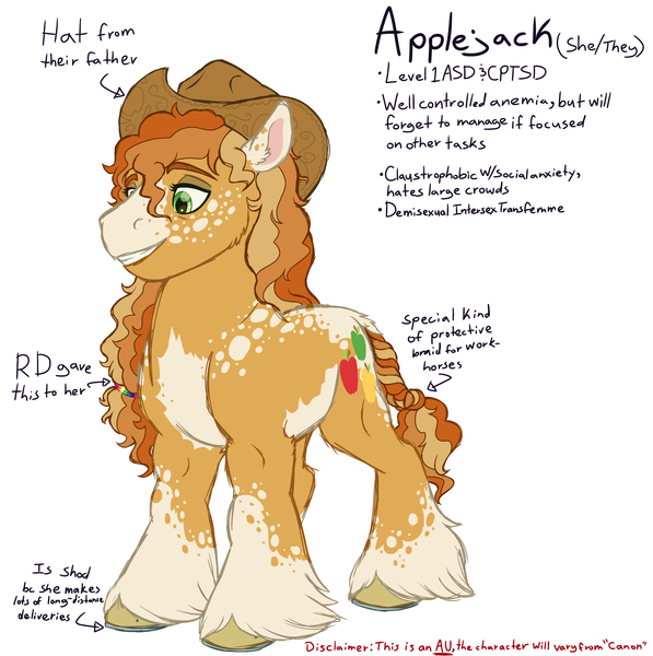 Size: 1990x2000 | Tagged: safe, artist:caffeinatedcarny, derpibooru import, applejack, earth pony, pony, alternate cutie mark, alternate design, alternate universe, applejack's hat, bags under eyes, braid, cheek fluff, coat markings, cowboy hat, disabled, freckles, g4, hat, headcanon, heterochromia, horseshoes, image, implied rainbow dash, intersex, lgbt, lgbt headcanon, lgbtq, lidded eyes, mouthpiece, muscles, nonbinary, png, politics, redesign, simple background, socks (coat marking), solo, speckled, tall, transfemme, transgender, twitterina design, unshorn fetlocks