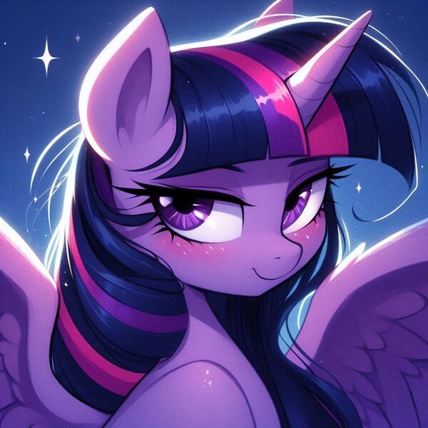 Size: 1024x1024 | Tagged: safe, ai content, derpibooru import, machine learning generated, twilight sparkle, twilight sparkle (alicorn), alicorn, pony, bedroom eyes, blue background, blushing, female, generator:dall-e 3, image, jpeg, looking at you, mare, seductive look, simple background, smiling, smiling at you, solo, solo female, spread wings, wings