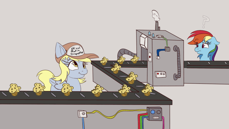 Size: 960x540 | Tagged: safe, artist:nedemai, derpibooru import, derpy hooves, rainbow dash, pegasus, pony, animated, atg 2024, baseball cap, cap, conveyor belt, duo, duo female, eating, eyebrows, eyebrows visible through hair, female, floppy ears, food, g4, gif, gray background, hat, image, loop, mare, muffin, newbie artist training grounds, question mark, simple background, that pony sure does love muffins