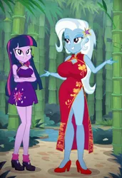 Size: 832x1216 | Tagged: safe, ai content, machine learning generated, prompter:tiamatnightmare, trixie, twilight sparkle, human, equestria girls, bamboo, chinese dress, female, forest, humanized, image, jpeg, lesbian, shipping, tree, twixie