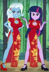 Size: 832x1216 | Tagged: safe, ai content, machine learning generated, prompter:tiamatnightmare, trixie, twilight sparkle, human, equestria girls, bamboo, chinese dress, female, forest, humanized, image, jpeg, lesbian, shipping, tree, twixie