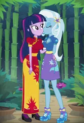 Size: 832x1216 | Tagged: safe, ai content, machine learning generated, prompter:tiamatnightmare, trixie, twilight sparkle, human, equestria girls, bamboo, chinese dress, female, forest, humanized, image, jpeg, kiss on the cheek, kissing, lesbian, shipping, tree, twixie