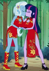 Size: 832x1216 | Tagged: safe, ai content, machine learning generated, prompter:tiamatnightmare, trixie, twilight sparkle, human, equestria girls, bamboo, chinese dress, female, forest, humanized, image, jpeg, kissing, lesbian, shipping, tree, twixie