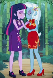 Size: 832x1216 | Tagged: safe, ai content, machine learning generated, prompter:tiamatnightmare, trixie, twilight sparkle, human, equestria girls, bamboo, chinese dress, female, forest, humanized, image, jpeg, kissing, lesbian, shipping, tree, twixie