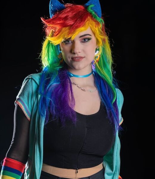 Size: 1080x1246 | Tagged: safe, artist:gianaxrose, derpibooru import, rainbow dash, human, clothes, cosplay, costume, g4, image, irl, irl human, jpeg, multicolored hair, photo, rainbow hair, solo