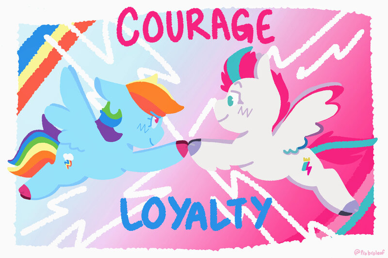 Size: 2100x1400 | Tagged: safe, artist:comicmaker, derpibooru import, rainbow dash, zipp storm, pegasus, pony, g5, blushing, cloven hooves, duo, duo female, element of bravery, element of loyalty, female, flying, g4, generational ponidox, image, jpeg, looking at each other, looking at someone, mare, smiling, spread wings, tail, touching hooves, unshorn fetlocks, wings, zipp and her heroine