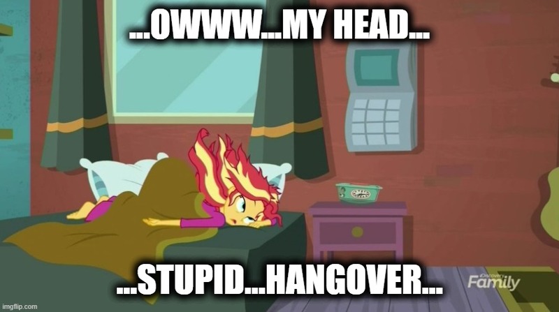 Size: 895x500 | Tagged: safe, derpibooru import, edit, edited screencap, editor:twi clown, screencap, sunset shimmer, eqg summertime shorts, equestria girls, monday blues, caption, clothes, g4, hangover, image, image macro, implied alcohol, jpeg, my little pony equestria girls: summertime shorts, pajamas, sunset's apartment, text