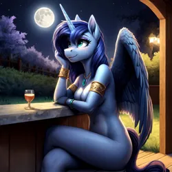 Size: 680x680 | Tagged: suggestive, ai content, derpibooru import, machine learning generated, prompter:dordrago, princess luna, alicorn, anthro, belly button, bracelet, breasts, busty princess luna, casual nudity, crossed legs, drink, female, full moon, g4, garden, glass, image, jewelry, moon, necklace, night, nudity, png, sitting, solo, strategically covered, streetlight, stupid sexy princess luna, wings