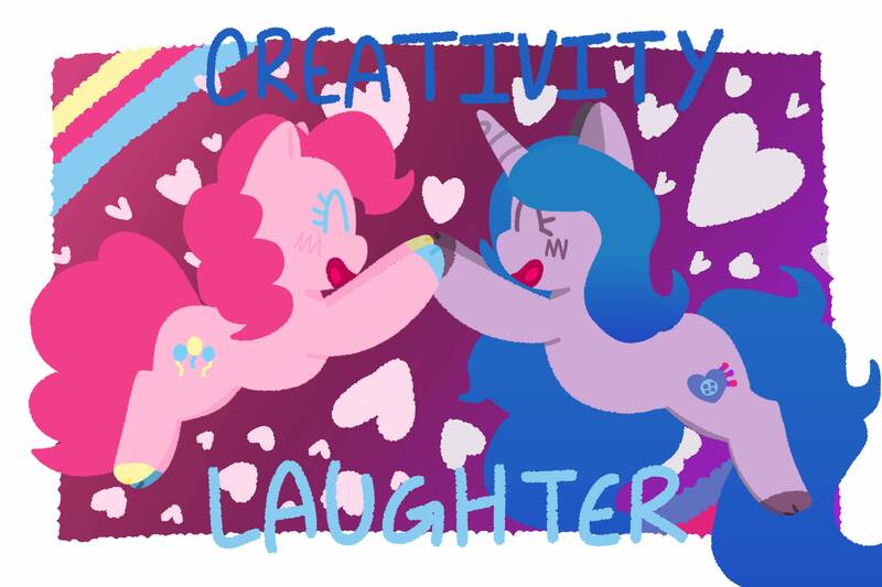 Size: 10035x6687 | Tagged: safe, artist:comicmaker, derpibooru import, izzy moonbow, pinkie pie, earth pony, pony, unicorn, g5, blushing, cloven hooves, duo, duo female, element of creativity, element of laughter, eyes closed, female, g4, generational ponidox, heart, heart background, hooves, horn, image, izzy and her heroine, jpeg, mare, multicolored hooves, open mouth, open smile, smiling, tail, touching hooves, unshorn fetlocks
