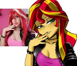 Size: 1800x1524 | Tagged: suggestive, artist:nekojackun, derpibooru import, sunset shimmer, human, equestria girls, 2d, breasts, busty sunset shimmer, clothes, cosplay, costume, eyeshadow, female, fingernails, g4, image, irl, irl human, jacket, leather, leather jacket, makeup, nails, photo, png, reference, reference used, solo, spikes, stupid sexy sunset shimmer, wristband