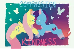 Size: 10033x6688 | Tagged: safe, artist:comicmaker, derpibooru import, fluttershy, butterfly, insect, pegasus, pony, unicorn, g5, blushing, butterfly background, cloven hooves, duo, duo female, element of heart, element of kindness, eyes closed, female, folded wings, freckles, g4, generational ponidox, horn, image, jpeg, mare, misty and her heroine, misty brightdawn, smiling, tail, unshorn fetlocks, wings