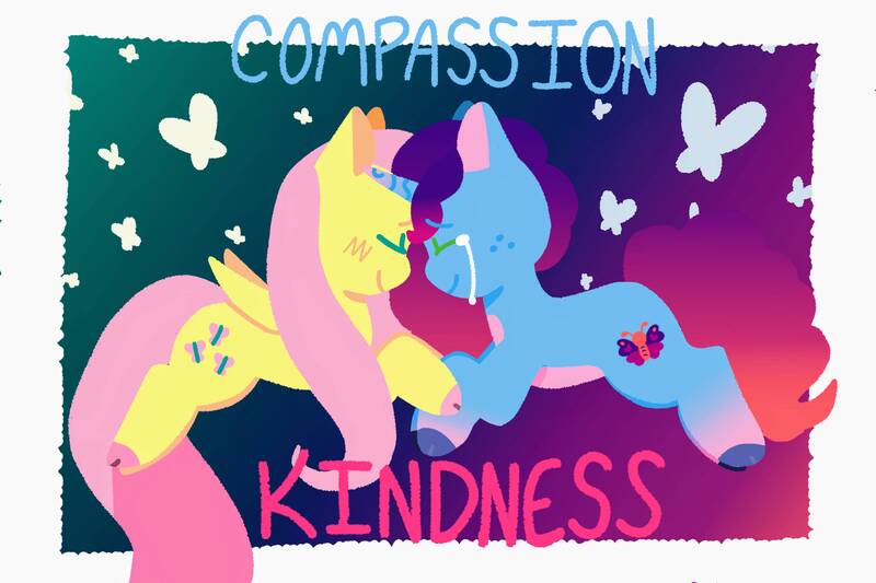 Size: 10033x6688 | Tagged: safe, alternate version, artist:comicmaker, derpibooru import, fluttershy, butterfly, insect, pegasus, pony, unicorn, g5, blushing, butterfly background, cloven hooves, duo, duo female, element of heart, element of kindness, eyes closed, female, folded wings, freckles, g4, generational ponidox, horn, image, jpeg, mare, misty and her heroine, misty brightdawn, smiling, tail, unshorn fetlocks, wings