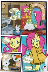 Size: 2697x4096 | Tagged: safe, artist:yellowcyann, derpibooru import, angel bunny, fluttershy, anthro, pegasus, rabbit, comic:fluttershy's overtime, animal, big breasts, breasts, busty fluttershy, clothes, comic, dialogue, duo, duo male and female, female, frown, image, jpeg, male, pet bowl, speech bubble, sweater, sweatershy