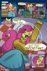 Size: 4125x6264 | Tagged: suggestive, artist:yellowcyann, derpibooru import, fluttershy, anthro, pegasus, pony, unguligrade anthro, comic:fluttershy's overtime, ass, bed, big breasts, breasts, busty fluttershy, butt, comic, dialogue, female, flutterbutt, fluttershy's cottage, image, mare, png, sleeping, solo, solo female, yawn