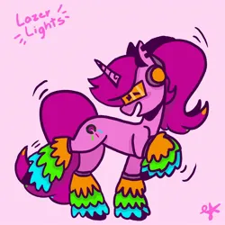 Size: 1400x1400 | Tagged: safe, artist:comicmaker, derpibooru import, oc, oc:lazer lights, unofficial characters only, pony, unicorn, dancing, ear piercing, horn, image, jpeg, legwear, open mouth, open smile, piercing, pink background, raised hoof, raised leg, simple background, smiling, solo, tail, unicorn oc