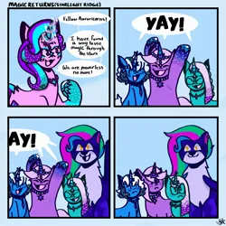 Size: 2000x2000 | Tagged: safe, artist:comicmaker, derpibooru import, starlight glimmer, oc, big cat, leopard, pony, snow leopard, g5, my little pony: make your mark, 4 panel comic, allura, alternate universe, aq bars, auroricorn, auroricornified, blush lines, blushing, celebration, comet (g5), comic, dialogue, eyes closed, female, folded wings, freckles, g4, generational ponidox, glasses, happy, horn, image, jewelry, jpeg, male, mare, my little pony: make your mark chapter 6, necklace, open mouth, open smile, race swap, raised hoof, raised hooves, secrets of starlight, smiling, speech bubble, spread wings, stallion, starlight ridge, unshorn fetlocks, violet frost, wings