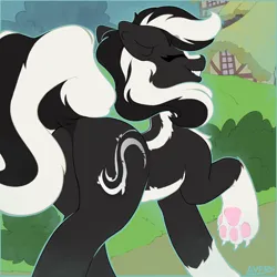 Size: 4000x4000 | Tagged: safe, artist:avery-valentine, derpibooru import, oc, oc:zenawa skunkpony, unofficial characters only, earth pony, hybrid, pony, skunk, skunk pony, butt, claws, dirt road, dock, earth pony oc, eyes closed, facing away, fangs, featureless crotch, female, happy, hybrid oc, image, mare, outdoors, paw pads, paws, plot, png, raised leg, raised tail, rule 63, smiling, solo, strut, strutting, tail, toothy grin, walking