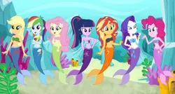 Size: 1024x549 | Tagged: safe, artist:fireluigi29, derpibooru import, applejack, fluttershy, pinkie pie, rainbow dash, rarity, sci-twi, sunset shimmer, twilight sparkle, human, mermaid, equestria girls, coral, female, fish tail, g4, humane five, humane seven, humane six, image, jpeg, mermaid tail, mermaidized, mermarity, mermay, missing accessory, my little pony equestria girls, no glasses, species swap, tail, underwater, water