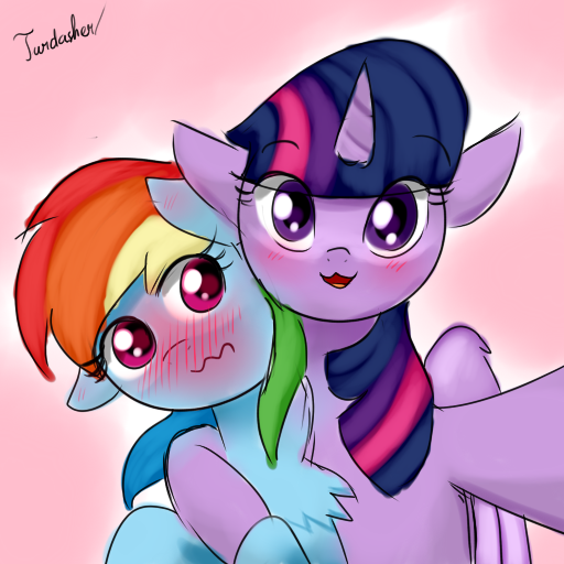 Size: 512x512 | Tagged: safe, artist:twidasher, derpibooru import, rainbow dash, twilight sparkle, twilight sparkle (alicorn), alicorn, blushing, chest fluff, duo, duo female, female, g4, image, lesbian, one ear down, png, shipping, twidash, wavy mouth