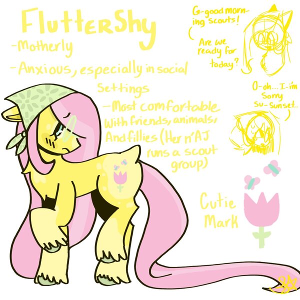 Size: 1400x1400 | Tagged: safe, artist:comicmaker, derpibooru import, fluttershy, earth pony, pony, g5, my little pony: make your mark, alternate universe, anxious, bandana, blush lines, blushing, female, g4, g4 to g5, generation leap, glasses, image, implied sunset shimmer, jpeg, long tail, mare, raised hoof, raised leg, redesign, reference sheet, signature, tail, unshorn fetlocks