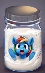 Size: 758x1226 | Tagged: prompter needed, suggestive, ai content, derpibooru import, generator:perchance, machine learning generated, rainbow dash, cum jar, eww, g4, horrified, image, jar, jpeg, solo