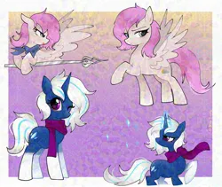 Size: 2048x1726 | Tagged: oc name needed, safe, artist:petaltwinkle, derpibooru import, oc, unofficial characters only, pegasus, pony, unicorn, beige coat, blue coat, blushing, clothes, coat markings, colored, commission, determined look, duo, duo female, eyelashes, female, glazed, gradient background, hoof hold, horn, image, jpeg, looking back, looking up, mare, narrowed eyes, navy coat, one eye closed, open mouth, passepartout, pegasus oc, pink eyes, pink mane, pink tail, profile, purple scarf, raised hoof, scarf, short mane, signature, socks (coat marking), spear, spread wings, standing, tail, two toned mane, two toned tail, unicorn horn, unicorn oc, weapon, white eyes, white mane, white tail, wingding eyes, wings, wink