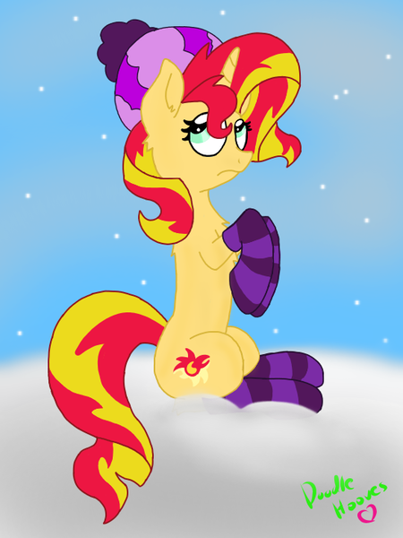 Size: 540x720 | Tagged: safe, artist:doodle-hooves, derpibooru import, sunset shimmer, unicorn, clothes, hat, heart, horn, image, looking up, png, purple socks, signature, sitting, snow, snowfall, socks, striped socks, winter hat