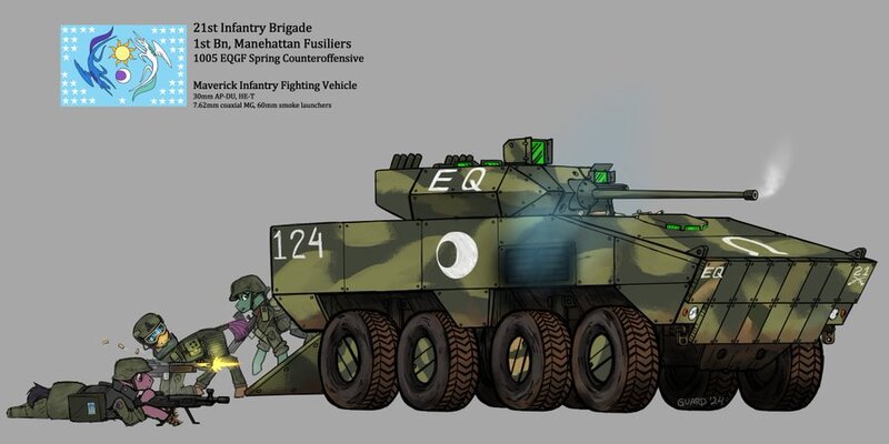 Size: 900x450 | Tagged: safe, artist:guard-mod, derpibooru import, pony, armored vehicle, assault rifle, clothes, flag, flag of equestria, gun, ifv, image, jpeg, machine gun, military, military pony, military uniform, rifle, soldier, soldier pony, uniform, weapon