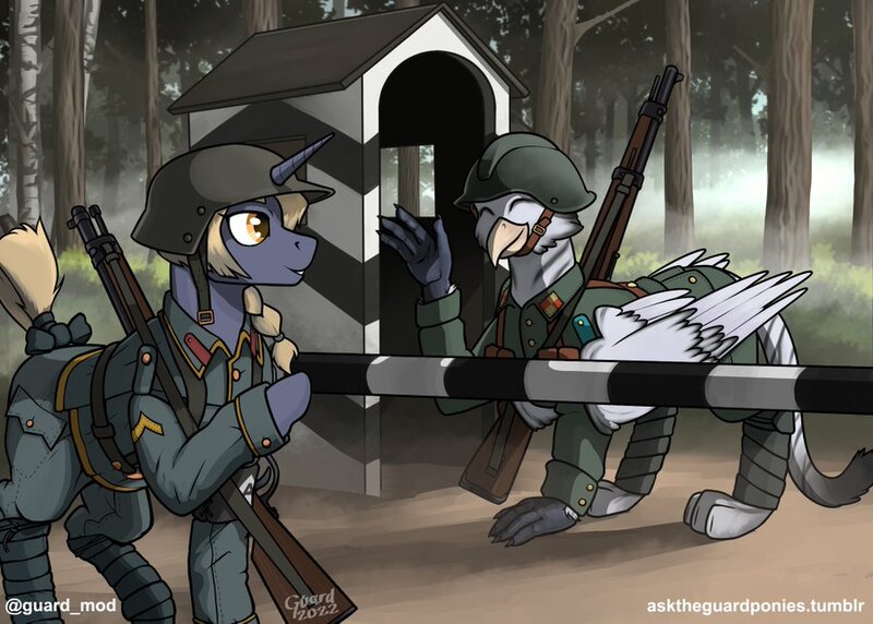 Size: 900x643 | Tagged: safe, artist:guard-mod, derpibooru import, oc, oc:blasting cap, gryphon, pony, unicorn, clothes, female, gun, helmet, horn, image, jpeg, male, mare, military, military pony, military uniform, rifle, soldier, soldier pony, uniform, waving, weapon