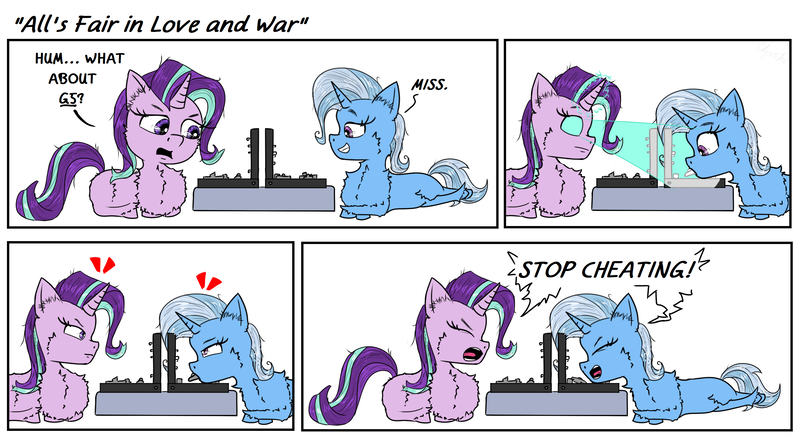 Size: 2760x1544 | Tagged: safe, artist:chopsticks, derpibooru import, starlight glimmer, trixie, unicorn, angry, battleship, board game, cheating, cheek fluff, chest fluff, chibi, comic, crossed legs, cute, dialogue, diatrixes, doodle, duo, duo female, emanata, eyes closed, female, g4, glimmerbetes, glow, glowing eyes, horn, image, lying down, magic, open mouth, png, ponyloaf, prone, simple background, text, unshorn fetlocks, x-ray vision, yelling