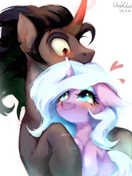 Size: 1080x1440 | Tagged: safe, artist:unclechai, derpibooru import, idw, king sombra, radiant hope, crystal pony, pony, unicorn, black mane, blue eyes, blue mane, blushing, eyeshadow, female, horn, image, looking at each other, looking at someone, makeup, male, png, red eyes, scar, simple background, white background