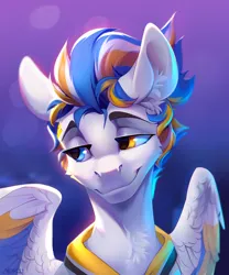 Size: 2500x3000 | Tagged: safe, artist:mithriss, derpibooru import, oc, oc:alan techard, unofficial characters only, pegasus, pony, bust, clothes, ear fluff, heterochromia, image, male, png, smiling, solo, stallion, wings