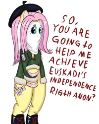 Size: 2000x2500 | Tagged: safe, alternate version, artist:mano_m, derpibooru import, fluttershy, pegasus, pony, beret, bipedal, boots, clothes, colored hooves, dark comedy, dialogue, euskadi ta askatasuna, g4, hat, image, implied anon, jacket, mask, png, shoes, simple background, solo, spain, talking to viewer, terrorist, white background, wingless