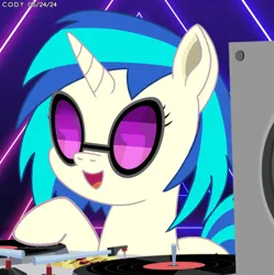 Size: 1980x1986 | Tagged: safe, artist:codenamekid, derpibooru import, neon lights, rising star, vinyl scratch, pony, unicorn, background pony, female, g4, happy, horn, image, jpeg, mare, open mouth, open smile, smiling, solo, sunglasses, triangle, turntable