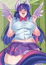 Size: 2480x3507 | Tagged: suggestive, artist:pawzncupz, derpibooru import, twilight sparkle, human, belly button, breasts, busty twilight sparkle, clothes, eared humanization, equestria girls outfit, female, g4, high res, humanized, image, jpeg, open mouth, open smile, panties, skirt, smiling, socks, solo, solo female, spread wings, stockings, thigh highs, underwear, upskirt, winged humanization, wings